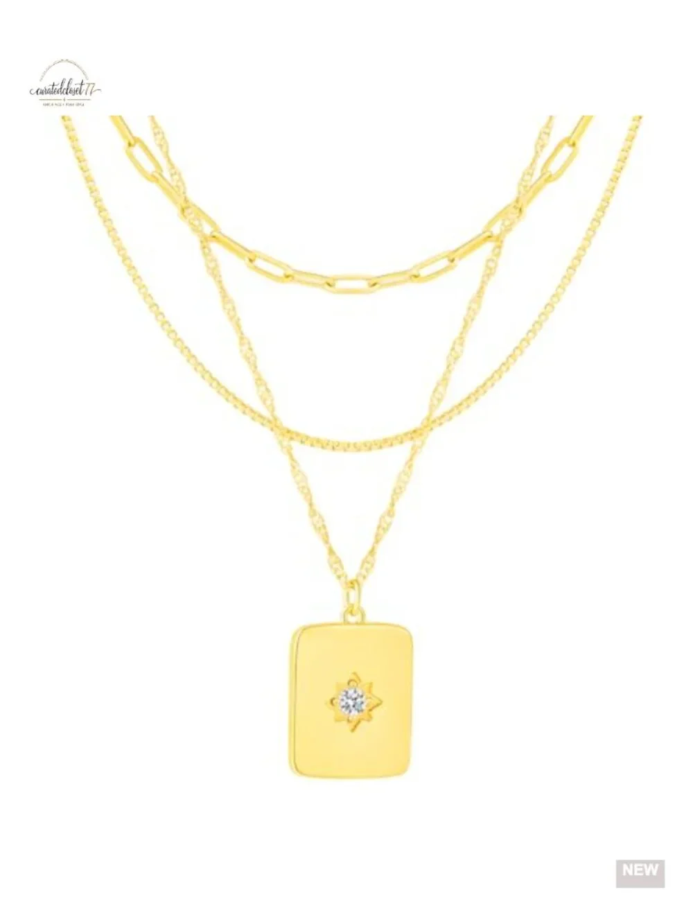 14K Gold Plated Layered Heart Square Pendant Necklace 3-in-1